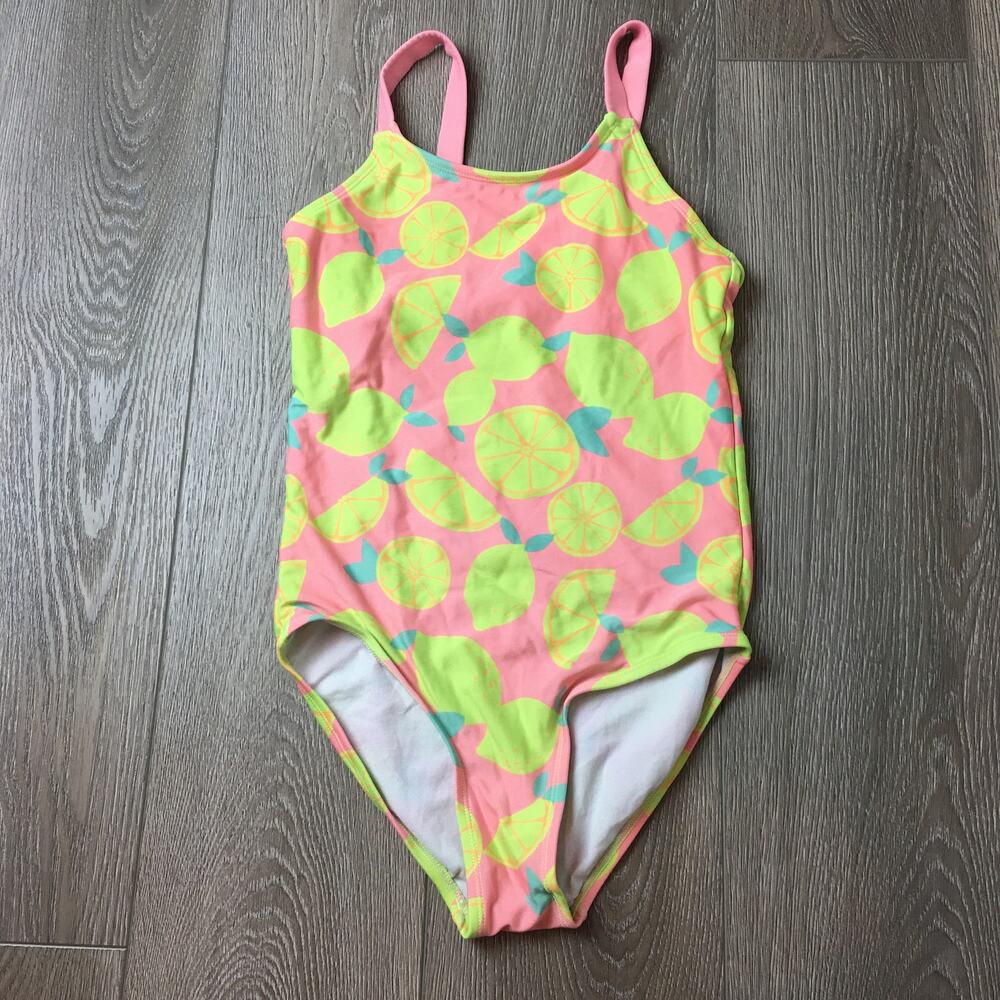 Justice Girls Lemon Print One Piece Swimsuit Yellow Pink Size 12